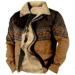 Men's Fur Faux Zipper Overcoat Bison Pattern Print Casual Winter Clothing Long Sleeve Sweatshirt Jacket Outerwear 2024 231213