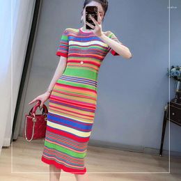 Party Dresses Colourful Striped Bodycon Dress Women Runway Sheath Tight Midi Vestidos Mujer 2023 Short Sleeve Slim Knitted Summer