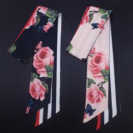 Scarves 7cm 2022 Design Skinny Women Tie Rose Flower Print Silk Scarf Fashion Belt Brand Handbag Small Long ScarvesScarves308u