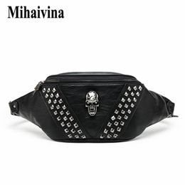 Mihaivina Punk Rivet Skull Men Waist Bag Women Black Fanny Pack Leather Chest s Female Shoulder Messenger Bum s 220216314k