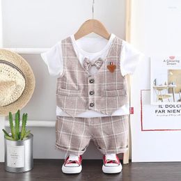 Clothing Sets Summer Baby Boys Gentleman Fashion Toddler Girls Plaid Vest Patchwork T-shirt With Bow Tie Shorts Kids Suits