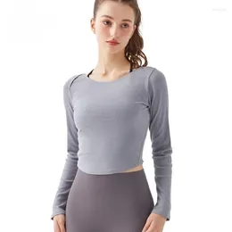 Active Shirts AL0Zen Beautiful Back Ribbed Long Sleeve Yoga Wear Women's Model Autumn High-elastic Slim Fitness Sports Base T-shirt