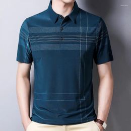 Men's Polos Summer Striped Plaid Button Ice Silk Quick Drying Breathable Casual Short Sleeve Men Thist Formal Dress Business Tops