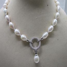 Hand knotted natural 45cm 11-13mm white natural rice freshwater pearl necklace pendant elegant clasp215W