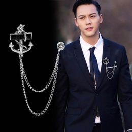 Korean Fashion New Personalized Tassel Anchor Brooch with Chain Fringed Metal Brooches Lapel Pin Badge Male Suit Men Accessories282l