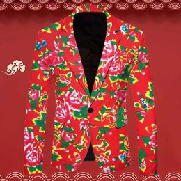 Men's Suits Vintage Lapel Button Suit Blazers Men Long Sleeve Jacket Coat Fashion Clothing Flower Printing Casual Outfits Chinese Style