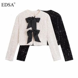 Women s Jackets EDSA Women Fashion Contrast Bow Tie Cropped Coat with Sequin Long Sleeves for Female Outerwear 231214