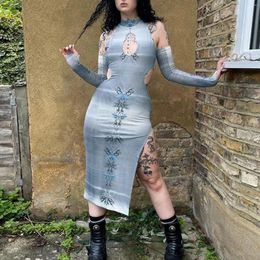 Casual Dresses Women's Gothic Temperament Slim Sexy Bag Hip Split Print Dress For Women Fancy Swing