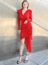 Casual Dresses Y2k Fall And Winter Asymmetric Pleated V-neck Long-sleeved Viscose Women's Dresses2023 Slim Thin Formal Occasion