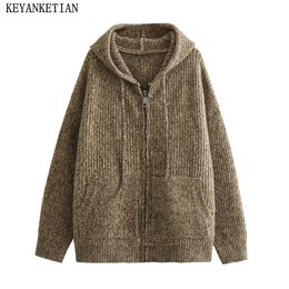 Womens Sweaters KEYANKETIAN Winter Zipper Hoodies Sweater High Street Fashion Oversize Loose Pockets Padded Knit Cardigan Female TOP 231214