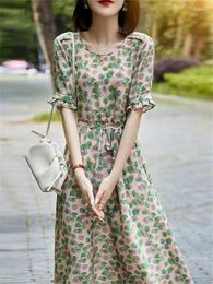 Party Dresses Vintage Floral Printing Summer 2023 Short Sleeve O-Neck Loose Midi Dress Women's Clothing Casual Belt Robe