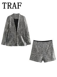 Women's Two Piece Pants TRAF Women Shorts Sets For 2 Pieces Sequin Blazer Coat Elegant Suit 2024 Winter Set Outfit 231213