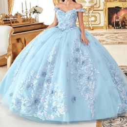 Sky Blue Shiny Quinceanera Dress Sweetheart 3DFlower Applique Lace Ball Gown Off the Shoulder Sweet 16 Vestidos De 15 Anos