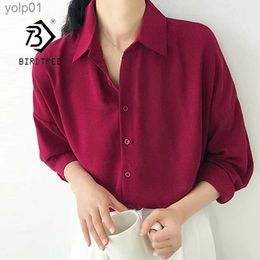 Women's Blouses Shirts New Arrival Women Solid Turn-down Collar Chiffon Blouse Oversize Button Up Wine Red Shirt Korea Style Feminina Blusa T9O905FL231214