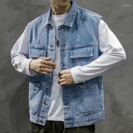 Men's Vests Men Denim Waistcoat Korean Style Trendy Hip Hop Classic Washing Multi-Pocket Blue Outwear All-Match Male Sleeveless Vest