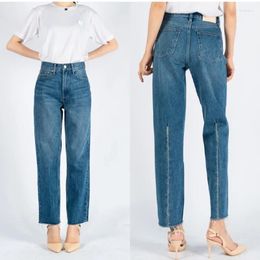 Women's Jeans Spring Summer Women High Waist Retro Washed Blue Straight Calf Top Line Decorated Nine-point