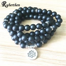 SN1382 New Design Women's Matte Black Onyx 108 Mala Beads Bracelet or Necklace Lotus Charm Yoga Bracelet 272M