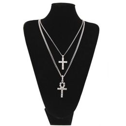Egyptian Ankh With Cross Pendant Necklace Set Rhinestone Crystal Key To Life Egypt Cross Necklaces Hip Hop Jewellery Set268L