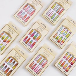 12pcs/Set Gradient Long Coffin Fake Nails Rainbow Ballerina Full Cover Nail Art Tips Beauty Artificial False Nails Manicure Charms LL