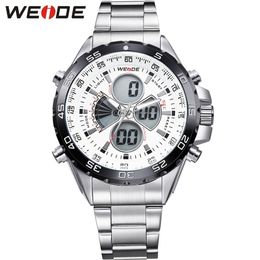 WEIDE Silver Stainless Steel Bracelect Mens Waterproof Analog Digital Auto Date Quartz Watches Male Top Brand Business Watches255m