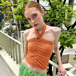 Women's T Shirts Solid Mesh Pleated Neck Style Top Fashion Pure Colour Ruched Halter