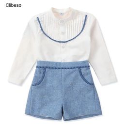 Clothing Sets Elegant baby boy birthday costume set with childrens British style white shirtblue pants baby top and bottom childrens clothing 231214