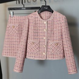 Two Piece Dress Small Fragrance Vintage Tweed Set Women Crop Top Woolen Short Jacket Coat Mini Skirts Sets Pink Suits 231213