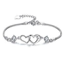 Double Heart Twine Charms Bracelet White Crystal Bracelets & Bangles For Women Silver Colour plated Jewellery Bileklik Pulseira232U