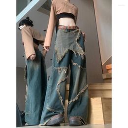 Women's Jeans Star Plush Edge Wide Legged High Street For Women Autumn Retro Distressed Design Trendy Floor Sweeping Straight Leg Pants