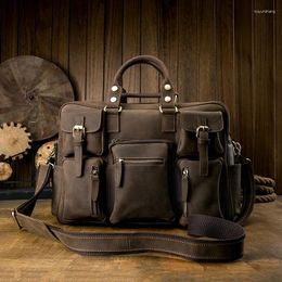 Briefcases Vintage Real Top Layer Cowhide Leather Briefcase Handmade Business Shoulder Bag Soft Big Manager's Working Tote