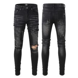 Man Skinny Fits Jeans Denim with Black Letters Knee Ripped with Holes Slim for Guys Mens Biker Motorcycle Straight Leg Distress Hip Hop Pant