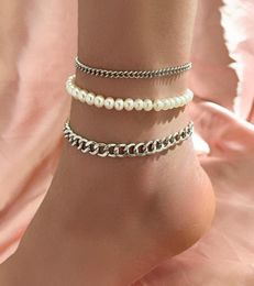 Anklets Classic Silver Colour Cuban Chain Bohemian Imitation Pearl Ankle Bracelets For Women Summer Beach Anklet Jewellery Female5607405