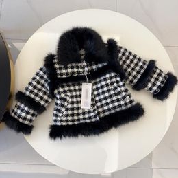 kids designer jacket girls black white plaid Fur collar cotton-padded jackets winter children coat C2046