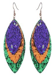 Dangle Chandelier Layered Gold Purple Green Glitter Leather Marquise Earrings For Women Mardi Gras Carnival Jewellery Gifts Wholes5452477