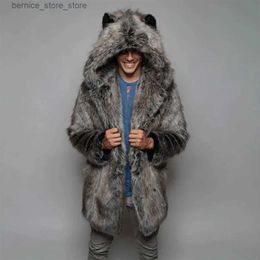 Men's Fur Faux Fur Winter Couple Plush Hoodie Men Faux Fur Coat 2023 Fluffy Fleece Casual men Hooded Bear Ear Warm Long Sleeve Jacket Overcoat Q231212