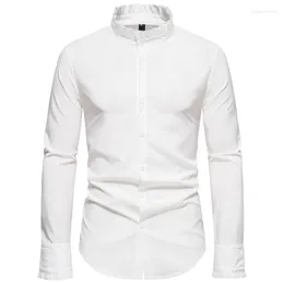 Men's Casual Shirts Stage Tuxedo For Men Fashion Lace Stand Collar White Single Breasted Long Sleeve Shirt Wedding Dress Clothing