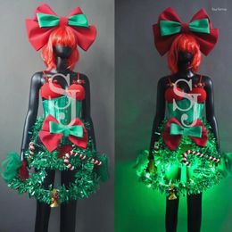 Stage Wear Christmas Festival Outfits Bow Headwear Performance Party Dress Women Gogo Dancer Costume Cosplay Rave Clothes XS7408