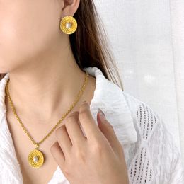 Baroque pearl luxury stud earrings stainless steel 18K gold pendant necklace earrings set women's vintage temperament jewelry