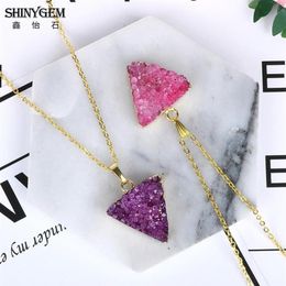ShinyGem 2021 Natural HandmadePurple Pink Druzy Pendant Necklaces Gold Plating Statement Triangle Pyramid Stone Trendy For Women261y