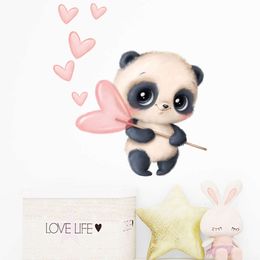 Hand-paint Cute Black-White Panda Animal Pink Heart Wall Stickers for Kids Room Baby Room Wall Decals Home Decorative Murals pvc