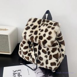 School Bags Faux Fur Leopard Women Backpack Solid Soft Fleece Knapsack Harajuku Style Winter Ladies Bag