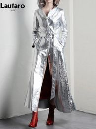 Women's Trench Coats Lautaro Spring Autumn Extra Long Cool Silver Shiny Reflective Pu Leather Trench Coat for Women with Hood Luxury Runway Fashion 231213