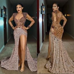 Luxury African Nigeria Prom Dresses Long Mermaid Sexy High Slit Sequines Beaded Formal Dress for Black Girls Long Sleeves Sparkiling Evening Gowns Elegant AM166