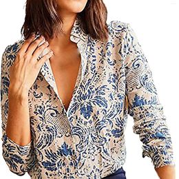 Women's Blouses Literary Vintage Bohemian Style Printed Shirt Fashion V Neck Buttons Long Sleeve Blouse Elegant Casual Thin Commuter Top