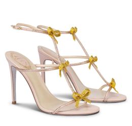 Luxury Designer Renes Low-heeled Jewelled Sandals Shoes With Bow Crystals Women Walking Flats Party Wedding Sexy High Heels EU35-41 CL03