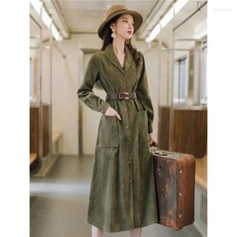 Casual Dresses French Vintage V-Neck Dress Female Autumn Winter Long Sleeve Temperament A-Line Corduroy Waist Skirt Simple Texture