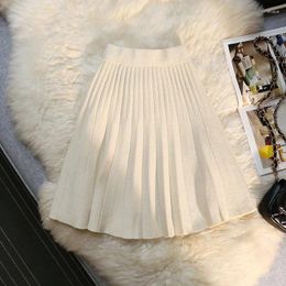 Skirts Autumn Winter Knitted Pleated Women Elastic High Waist A Line Mini Skirt Female Ribbed Casual Short