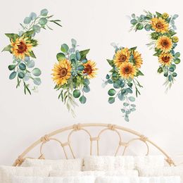 Watercolour Sunflowers Green Leaves Wall Stickers Floral Wall Decals for Living Room Bedroom Home Decorative Stickers Murals PVC