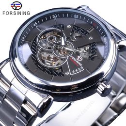 Forsining Steampunk Black Silver Mechanical Watches for Men Silver Stainless Steel Luminous Hands Design Sport Clock Male208K