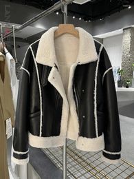 Women's Fur LANMREM Contrast Color Thick Leather Jackets Women Streetwear Warm Short Coat Fashion Female 2023 Winter Clothing 24132